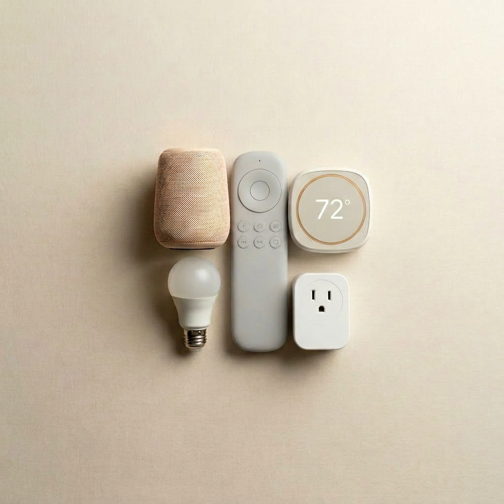 Flat-lay of a smart speaker, streaming remote, Matter bulb, and smart plug on a clean surface