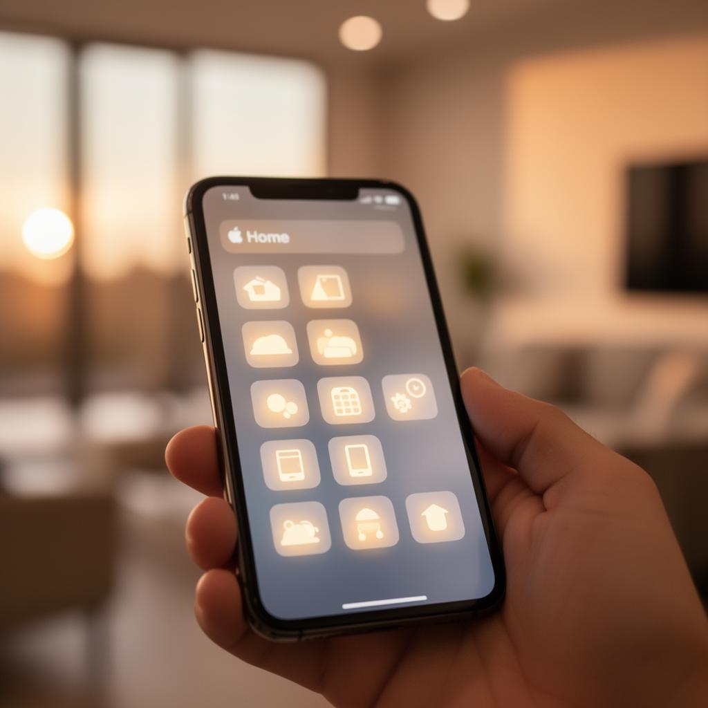 iPhone showing the Apple Home app with room tiles glowing in warm light